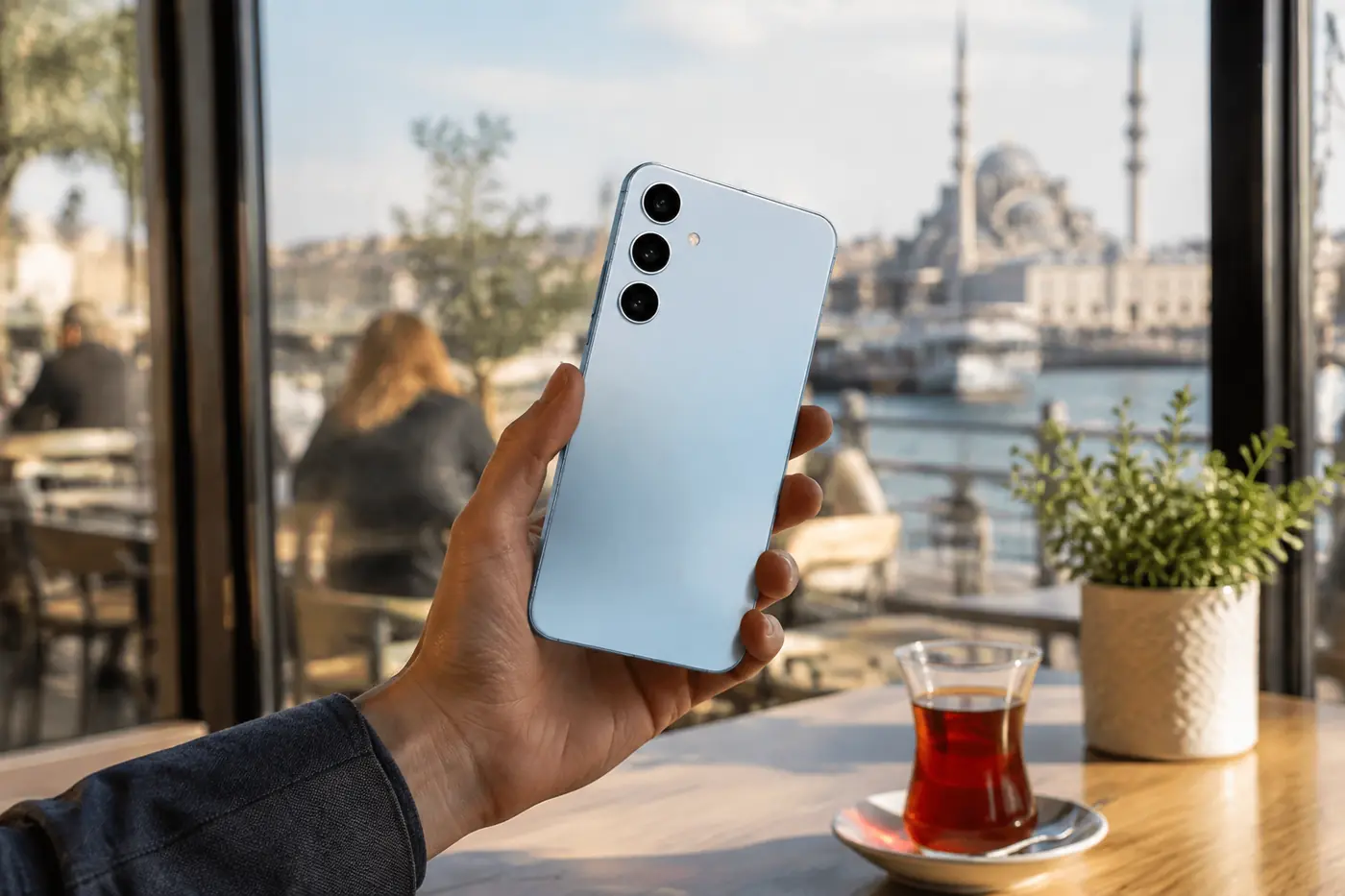 Samsung Galaxy A57 tasarımını ve günlük kullanımdaki ince gövdeyi temsil eden editöryal görsel