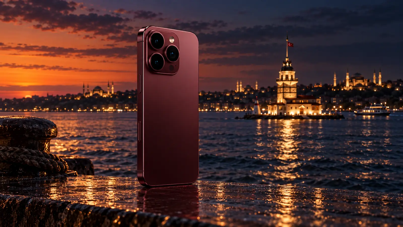 Kız Kulesi manzarasında iPhone 18 Pro Max kamera sistemi